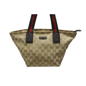 Gucci leather Tan GG canvas line red green Sherry handbag Beige